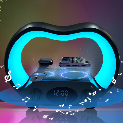 Pengisi daya nirkabel dengan lampu berwarna dan Blue-Tooth Speaker Fast Charger