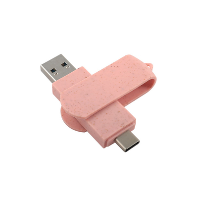 Tipe C USB Flash Drive Pink Plastik Dengan Jerami Bahan Daur Ulang Dan Logo Khusus
